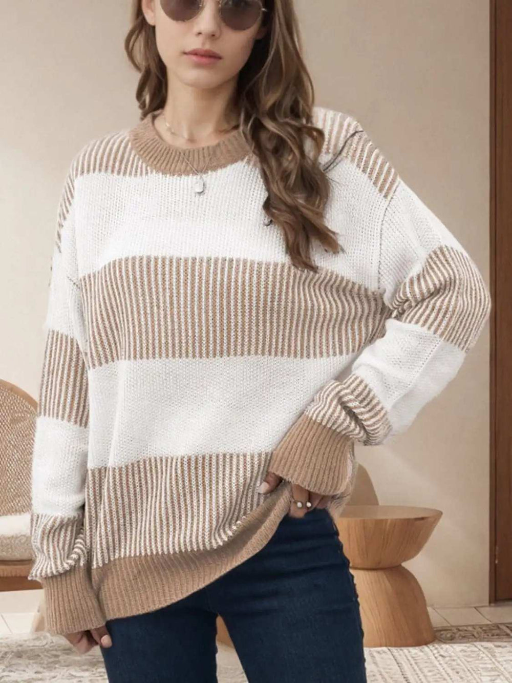 Striped Round Neck Long Sleeve Sweater - Trendsi - Flyclothing LLC