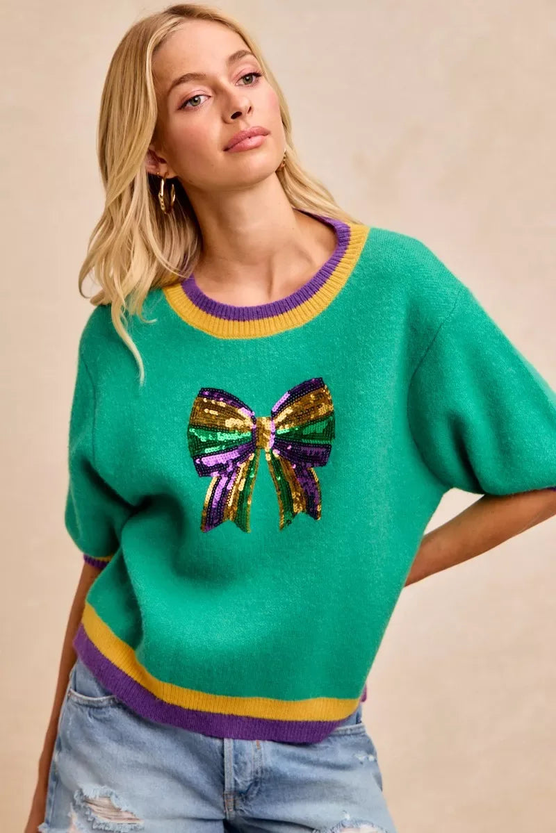 BiBi Mardi Gras Sequin Ribbon Patched Sweater - Trendsi - Flyclothing LLC