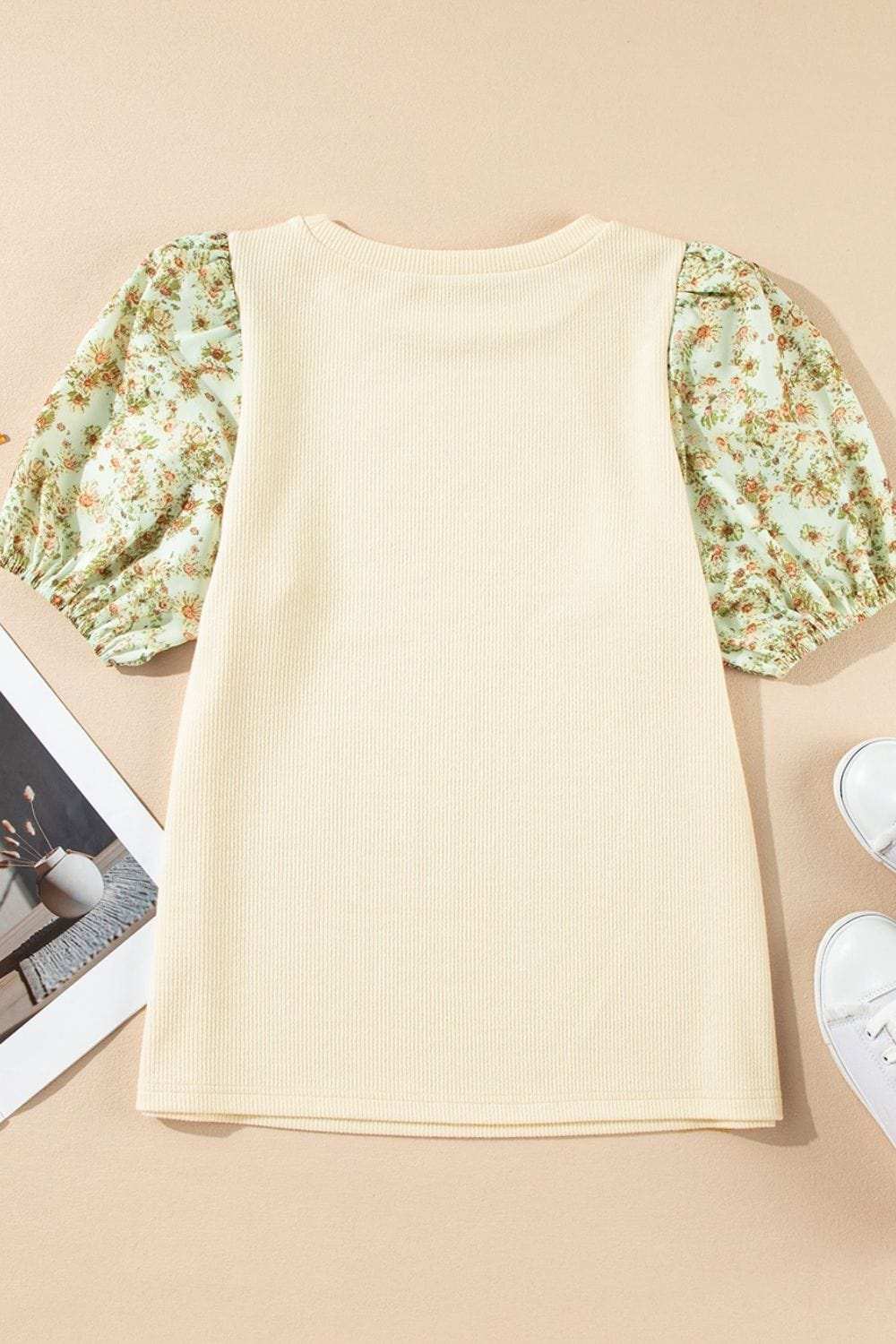 Floral Puff Sleeve Ribbed Blouse - Trendsi - Flyclothing LLC