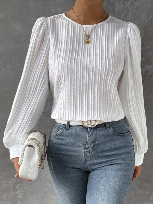Round Neck Long Sleeve Blouse - Trendsi - Flyclothing LLC