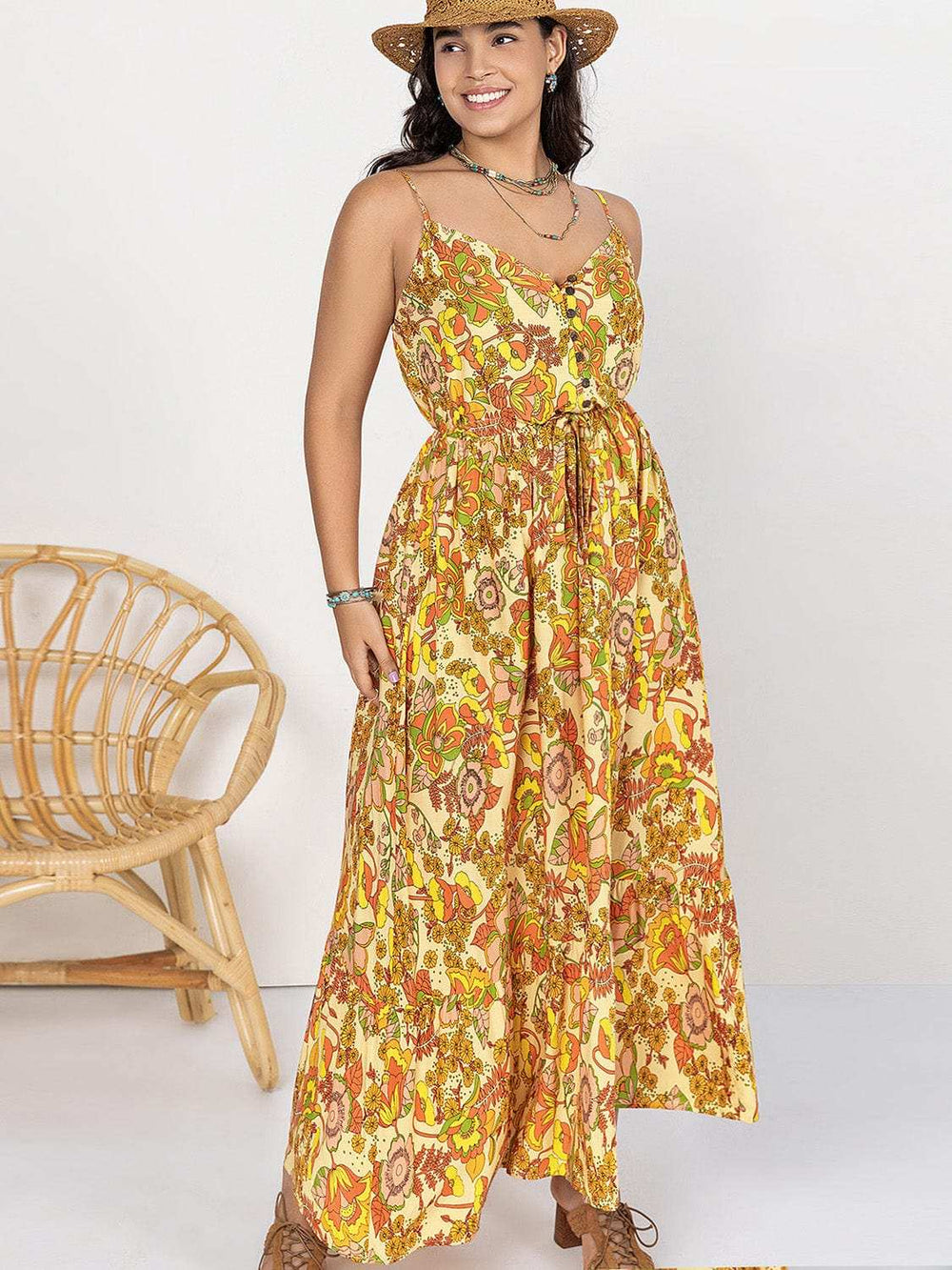 Plus Size Printed V-Neck Maxi Cami Dress - Trendsi - Flyclothing LLC