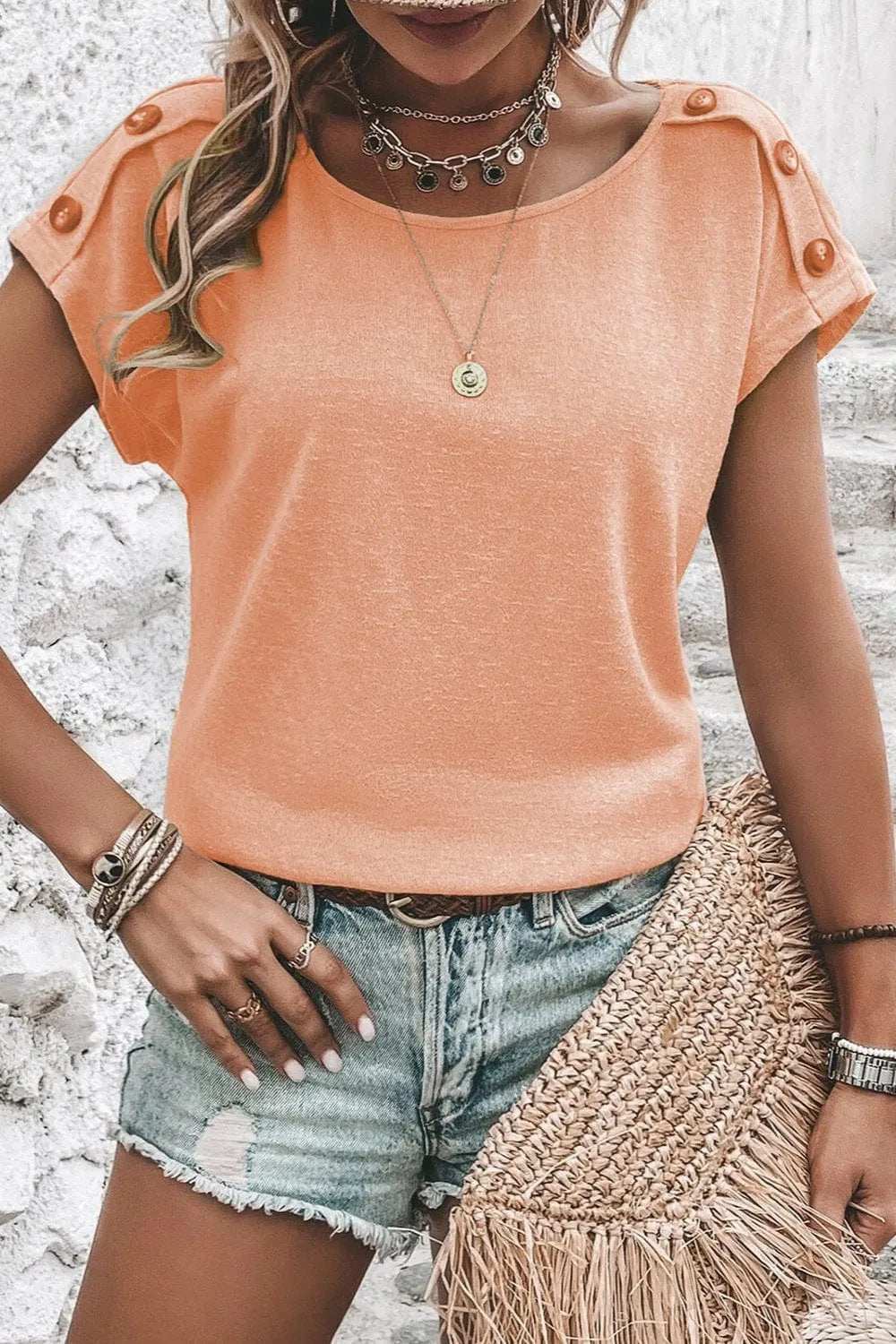 Decorative Button Round Neck Short Sleeve Blouse - Trendsi - Flyclothing LLC