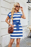 Tied Contrast Striped Short Sleeve Mini Tee Dress - Trendsi - Flyclothing LLC