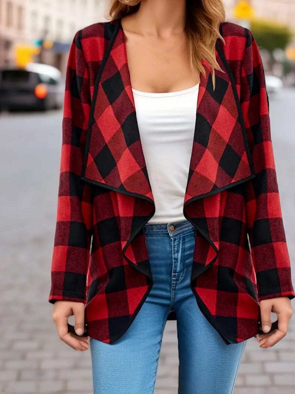 Plaid Open Front Long Sleeve Jacket - Trendsi - Flyclothing LLC