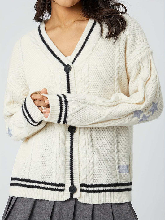 Star Embroidered V-Neck Long Sleeve Cardigan - Trendsi - Flyclothing LLC