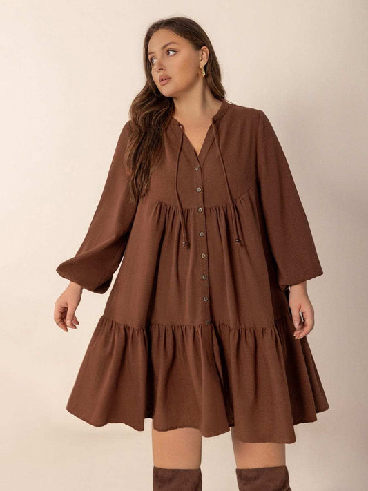 Plus Size Tie Neck Balloon Sleeve Tiered Dress - Trendsi - Flyclothing LLC