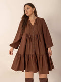 Plus Size Tie Neck Balloon Sleeve Tiered Dress - Trendsi - Flyclothing LLC