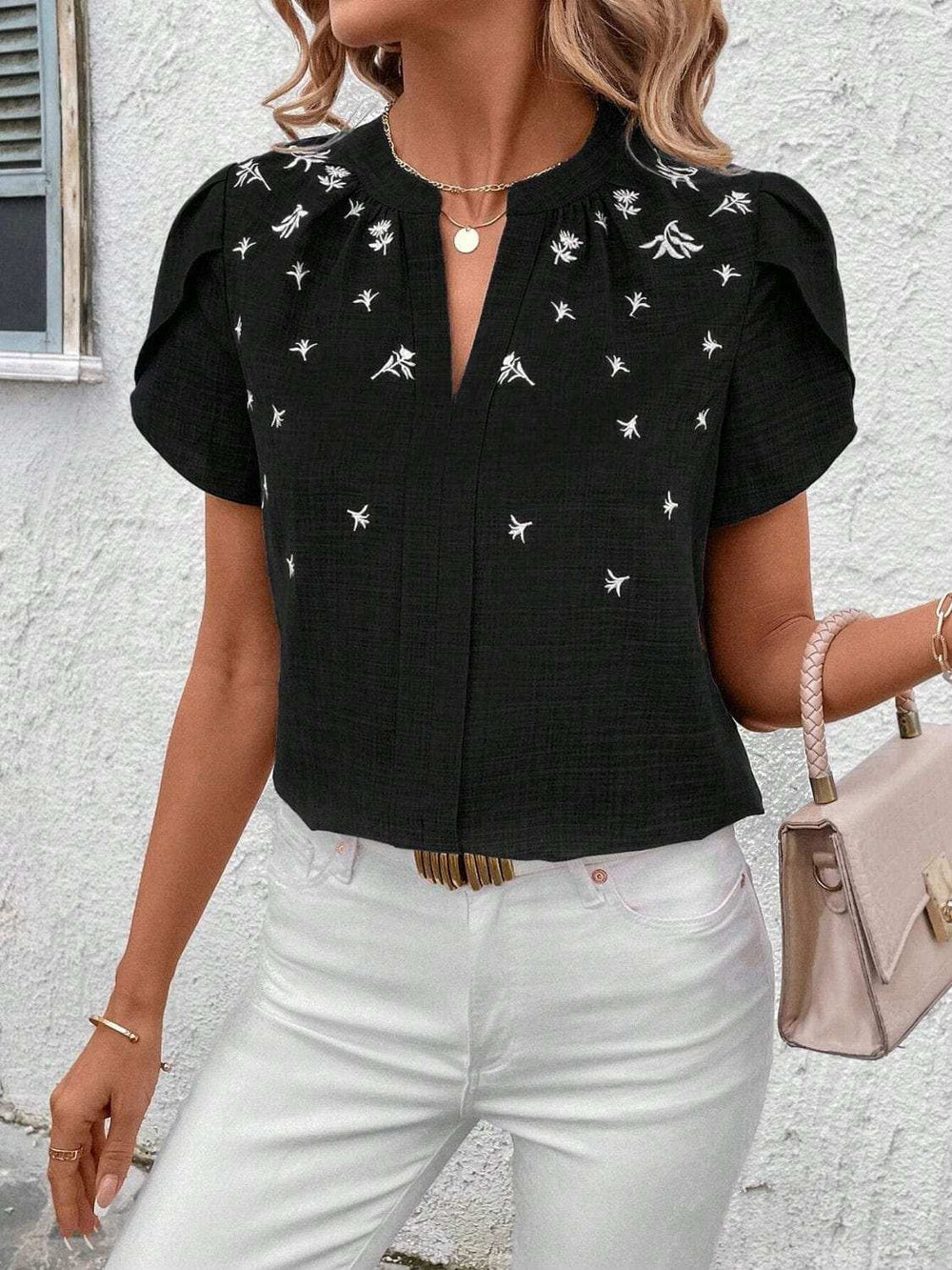 Floral Notched Short Sleeve Blouse - Trendsi - Flyclothing LLC
