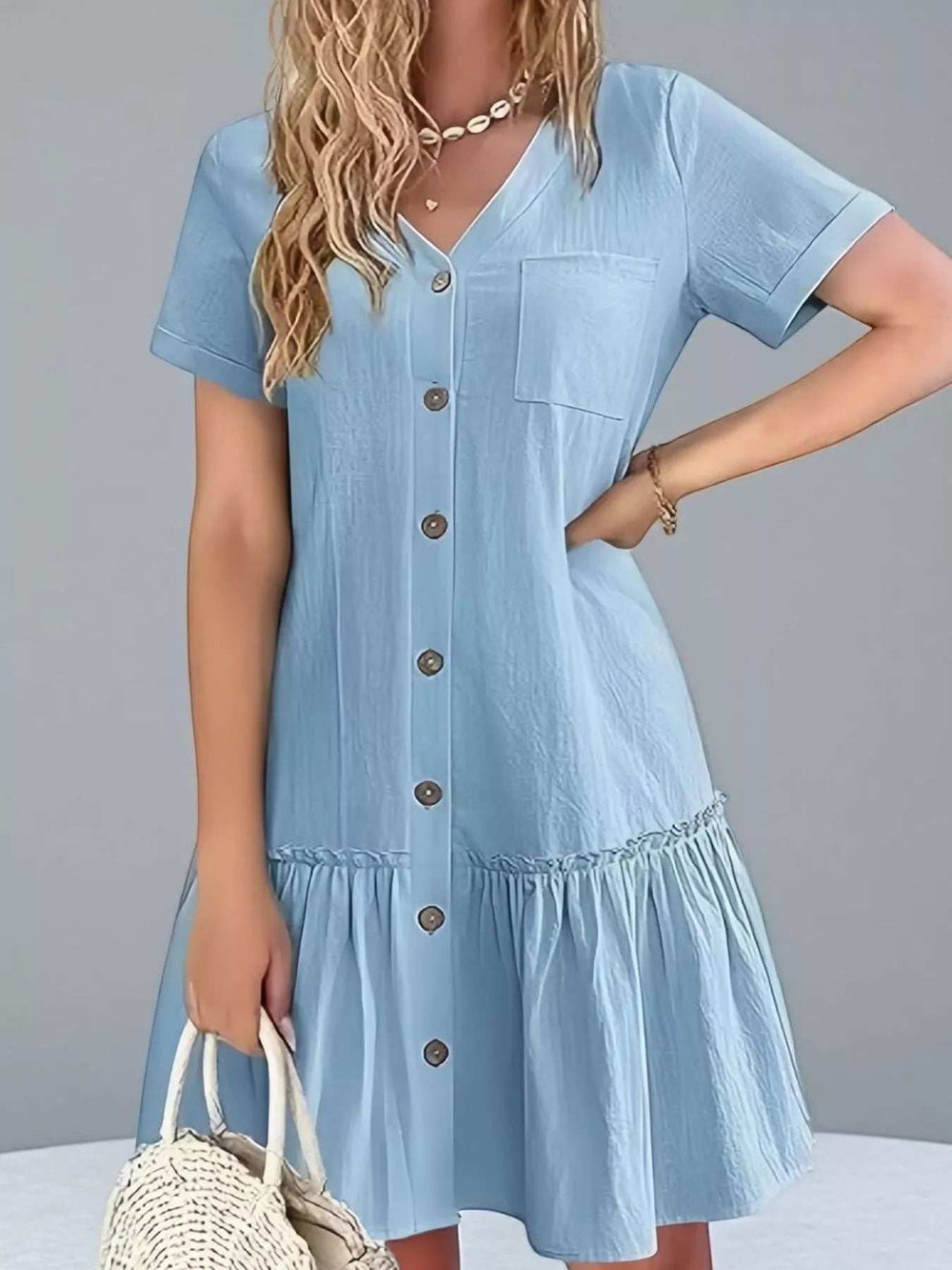 Full Size Button-Front Short Sleeve Tiered Dress Plus Size - Trendsi - Flyclothing LLC