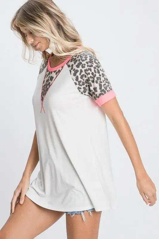 HeimishFull Size Leopard Round Neck Short Sleeve T-Shirt with Stitch Plus Size - Trendsi - Flyclothing LLC