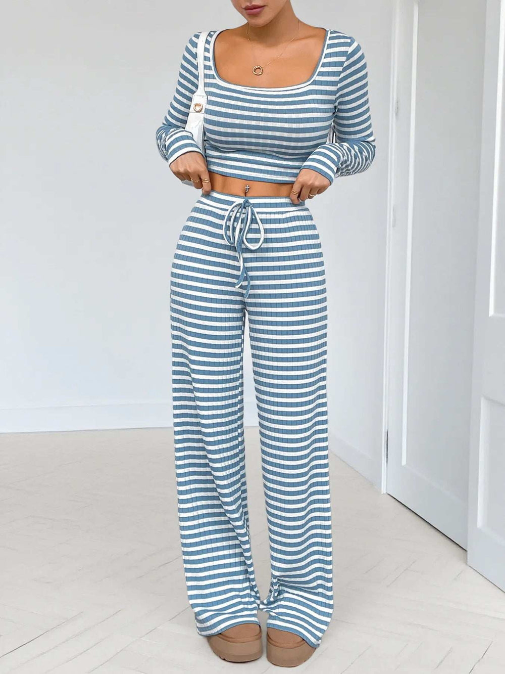 Striped Square Neck Long Sleeve Top and Pants Lounge Set - Trendsi - Flyclothing LLC