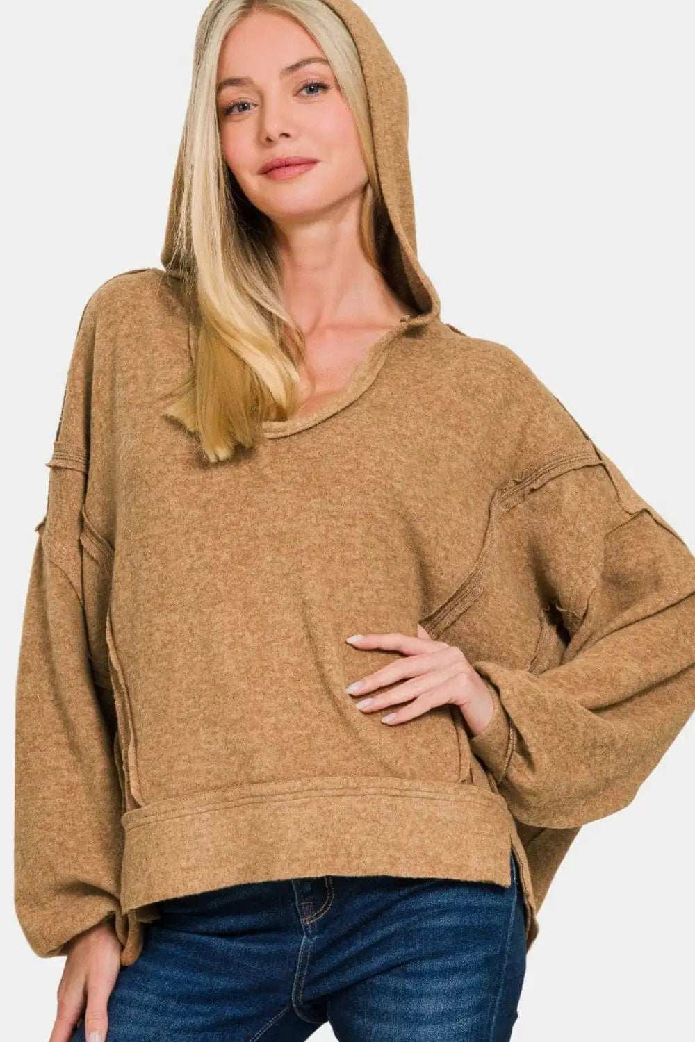 Zenana Brushed Hacci Exposed Seam Hoodie - Trendsi - Flyclothing LLC