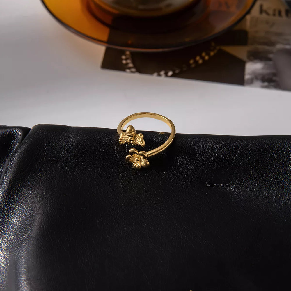 18K Gold-Plated Flower Bee Open Ring - Trendsi - Flyclothing LLC