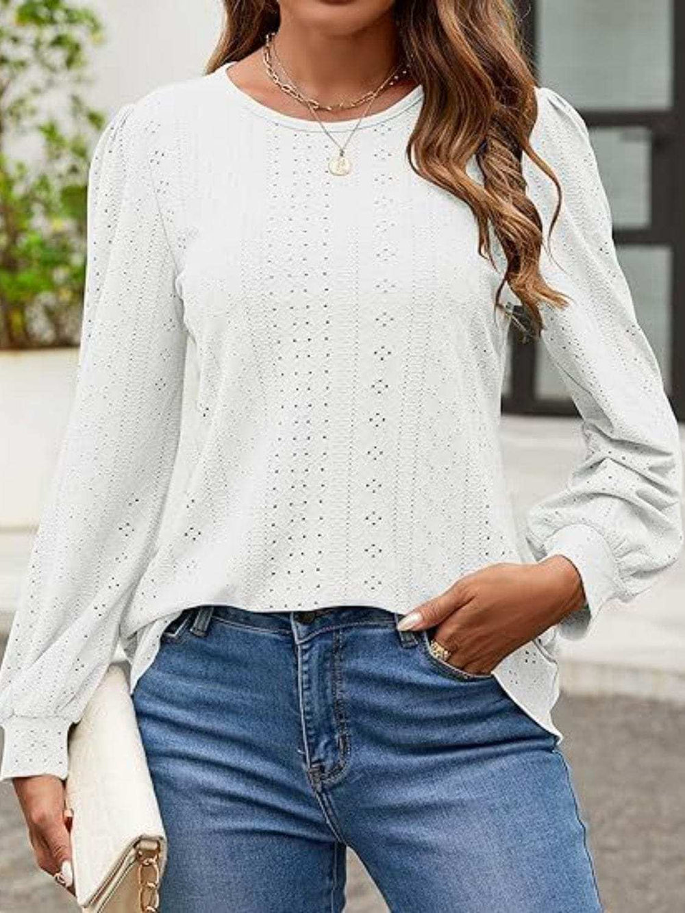Eyelet Round Neck Long Sleeve Top - Trendsi - Flyclothing LLC
