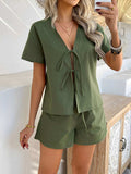 Devine Tied V-Neck Short Sleeve Top and Shorts Set - Trendsi - Flyclothing LLC