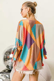 BiBi Multi Stripe Block Printed Jersey Blouse with Tied Sleeves - Trendsi - Flyclothing LLC