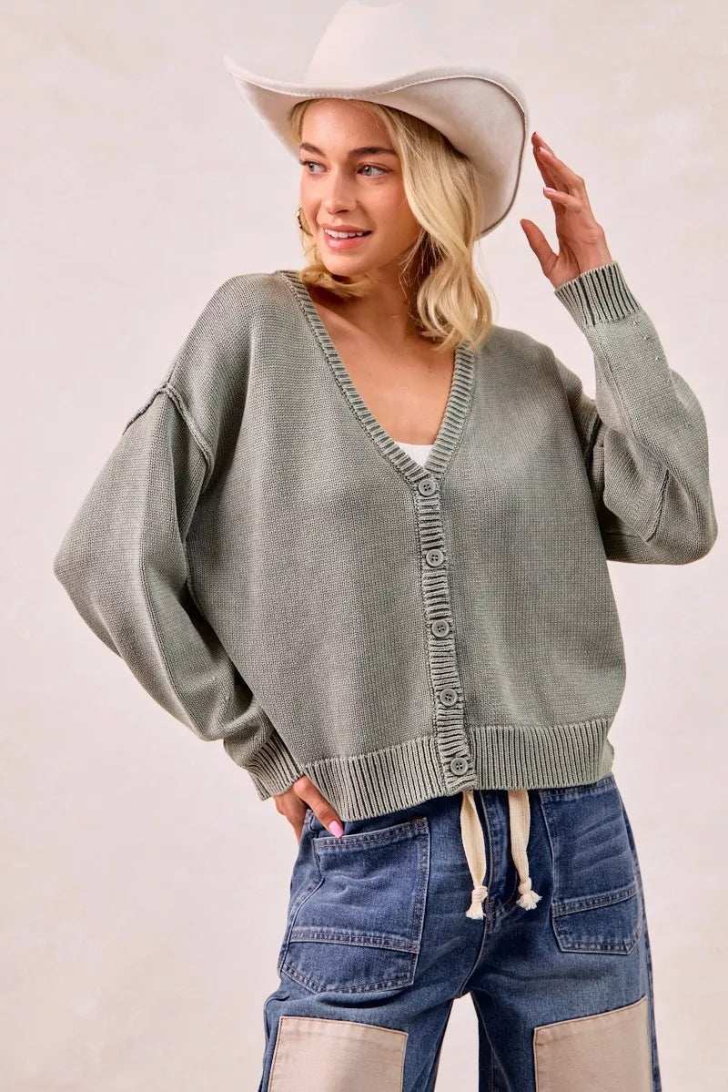 BiBi Washed Sweater V Neck Cardigan - Trendsi - Flyclothing LLC