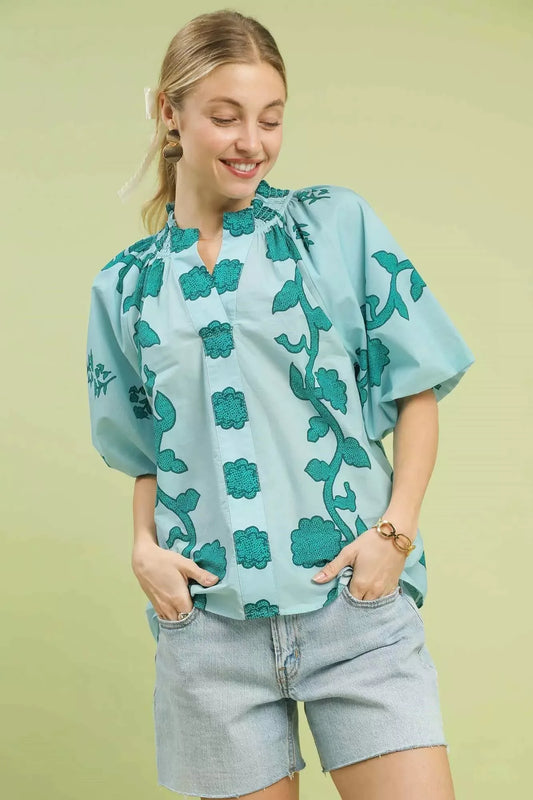 Umgee Floral Smocked Notched Puff Sleeve Blouse - Trendsi - Flyclothing LLC