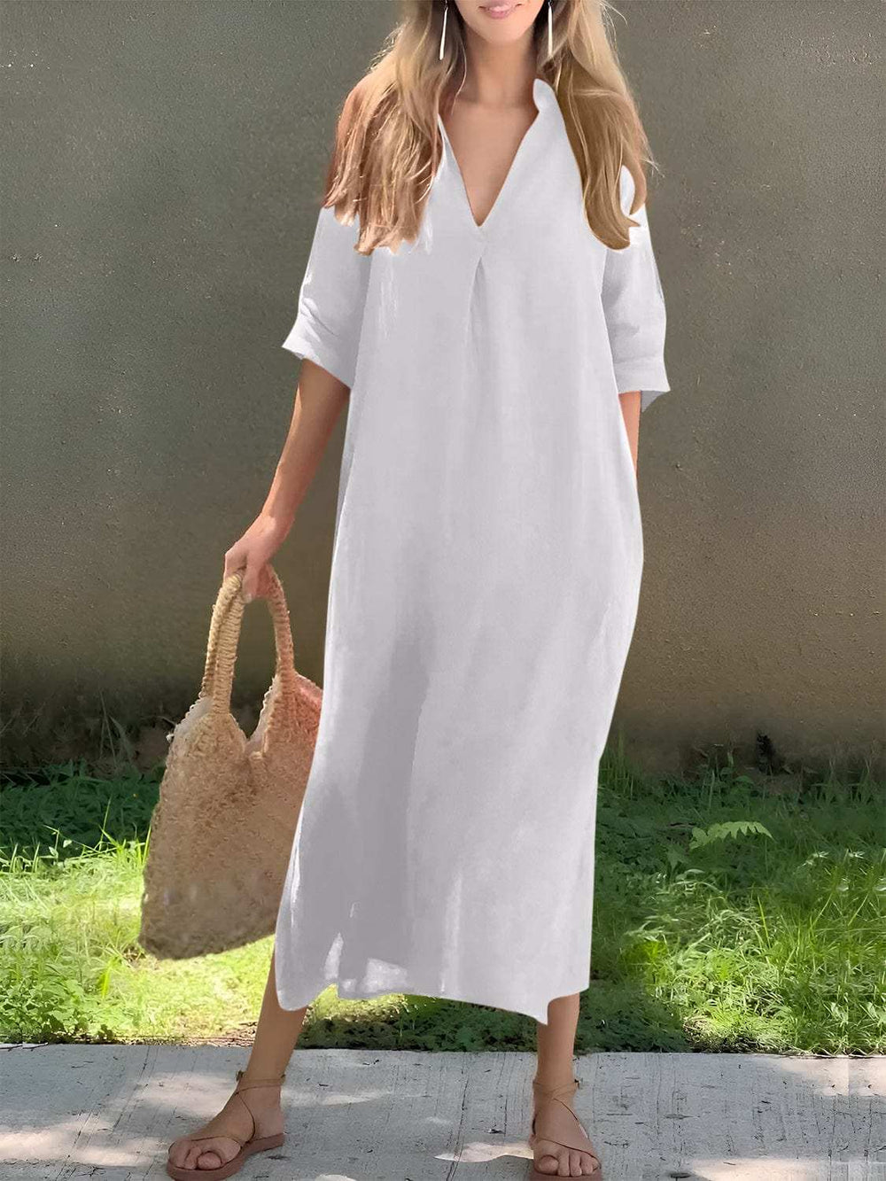 Full Size Notched Half Sleeve Midi Dress - Trendsi - Flyclothing LLC