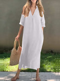 Full Size Notched Half Sleeve Midi Dress - Trendsi - Flyclothing LLC
