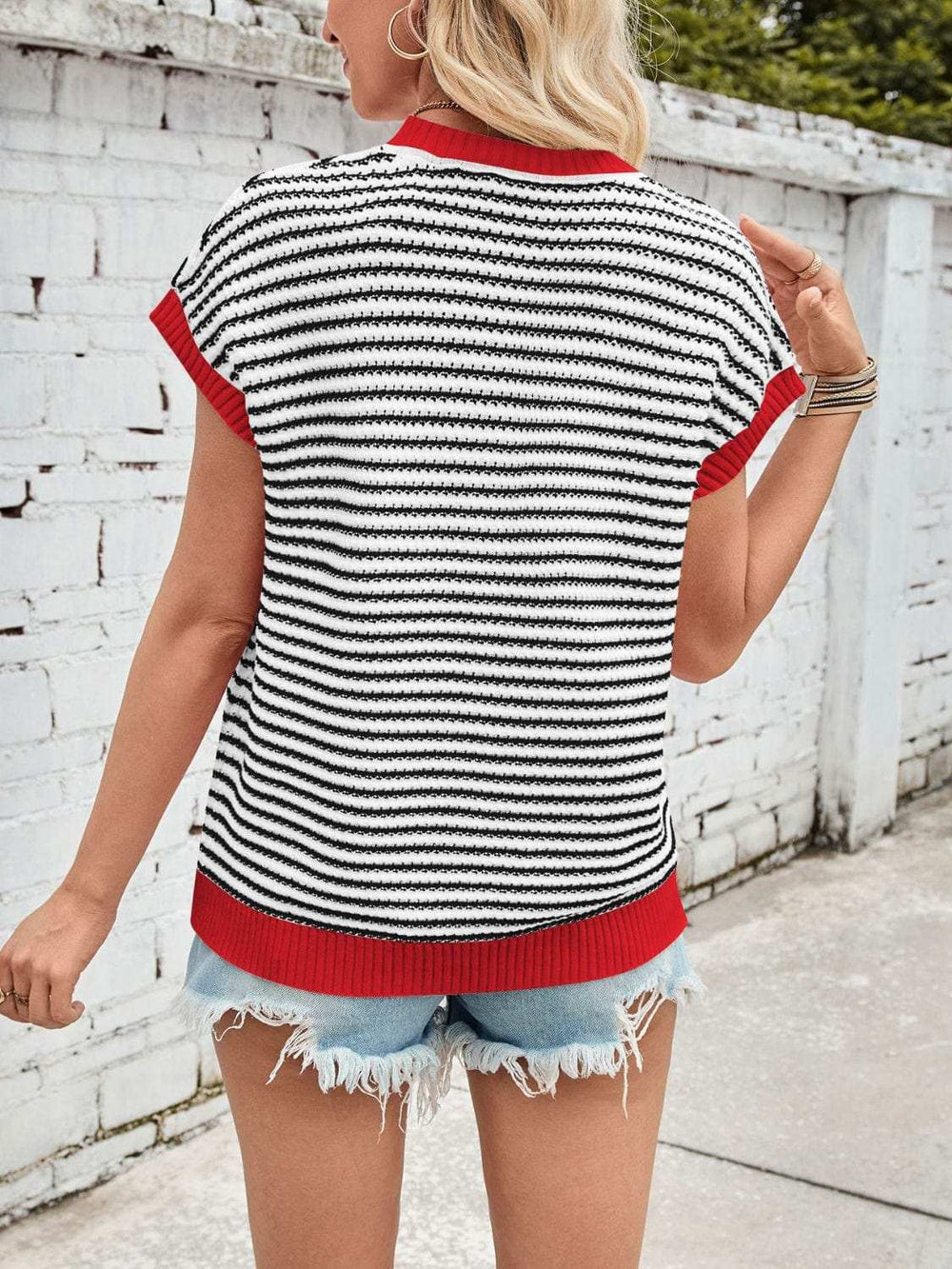 Lovelet Striped Round Neck Cap Sleeve Sweater - Trendsi - Flyclothing LLC