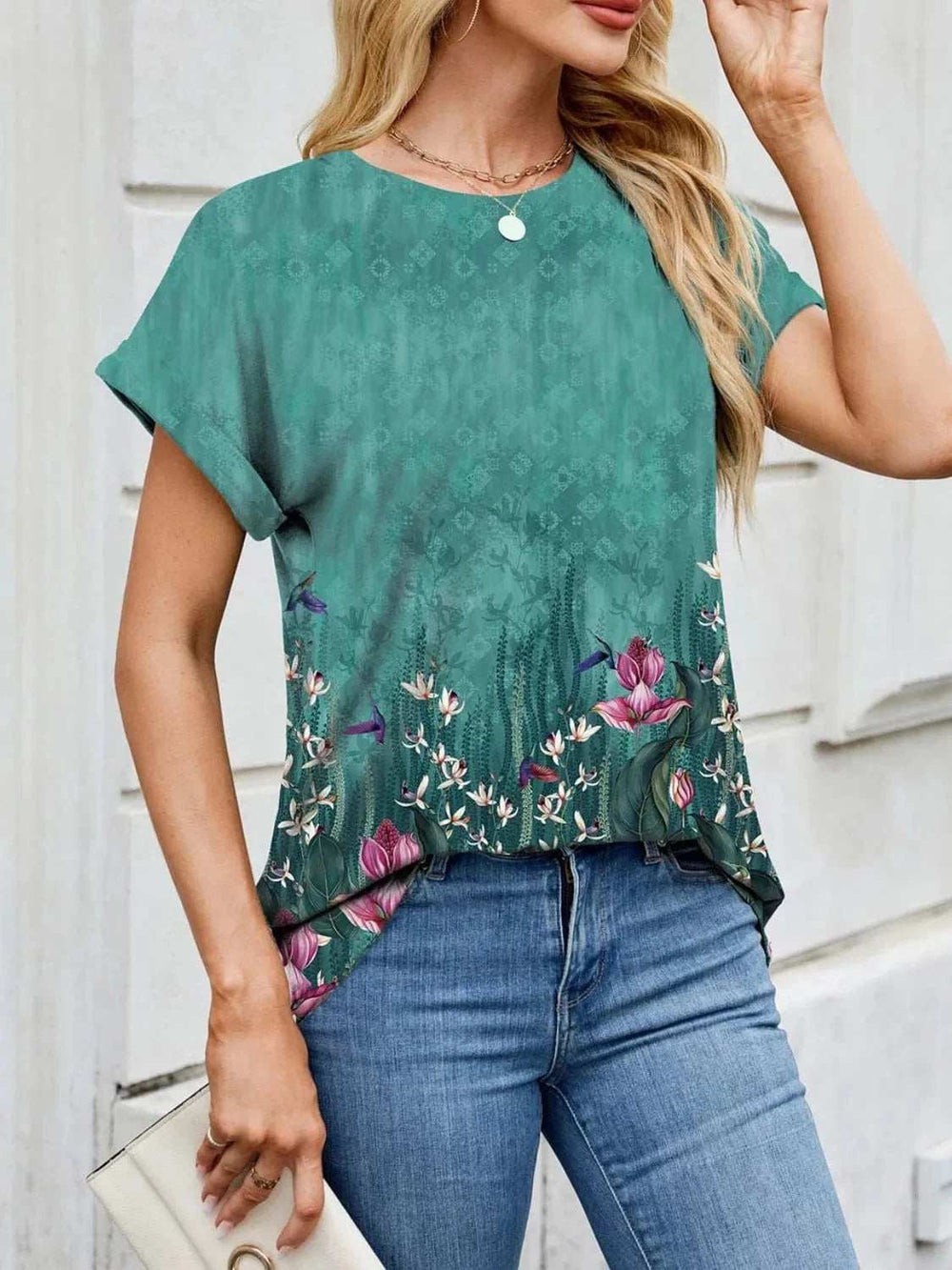 Printed Round Neck Short Sleeve Top - Trendsi - Flyclothing LLC