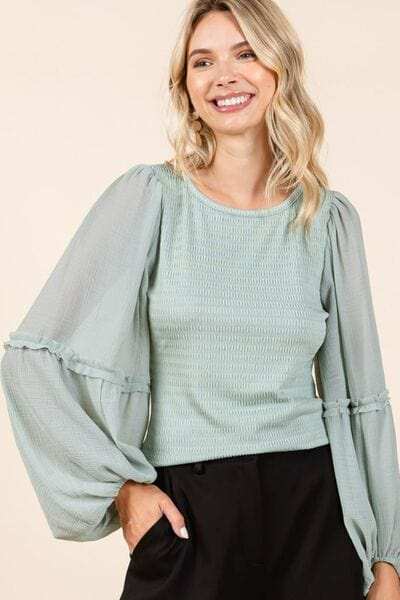 Mittoshop Mixed Media Textured Knit Chiffon Long Sleeve Top - Trendsi - Flyclothing LLC