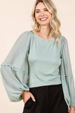 Mittoshop Mixed Media Textured Knit Chiffon Long Sleeve Top - Trendsi - Flyclothing LLC