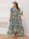 Plus Size Printed V-Neck Short Sleeve Maxi Dress - Trendsi - Flyclothing LLC