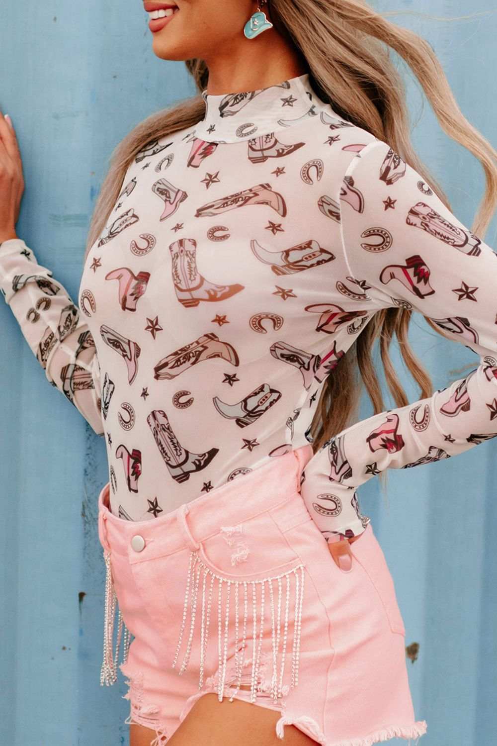 Printed Mock Neck Long Sleeve Bodysuit - Trendsi - Flyclothing LLC