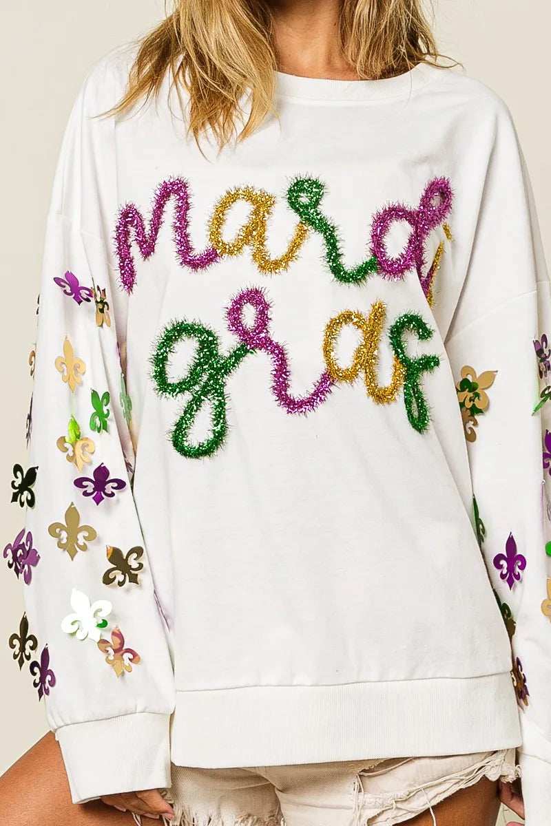 BiBi Fleur De Lis Sleeve Mardi Gras Pullover - Trendsi - Flyclothing LLC