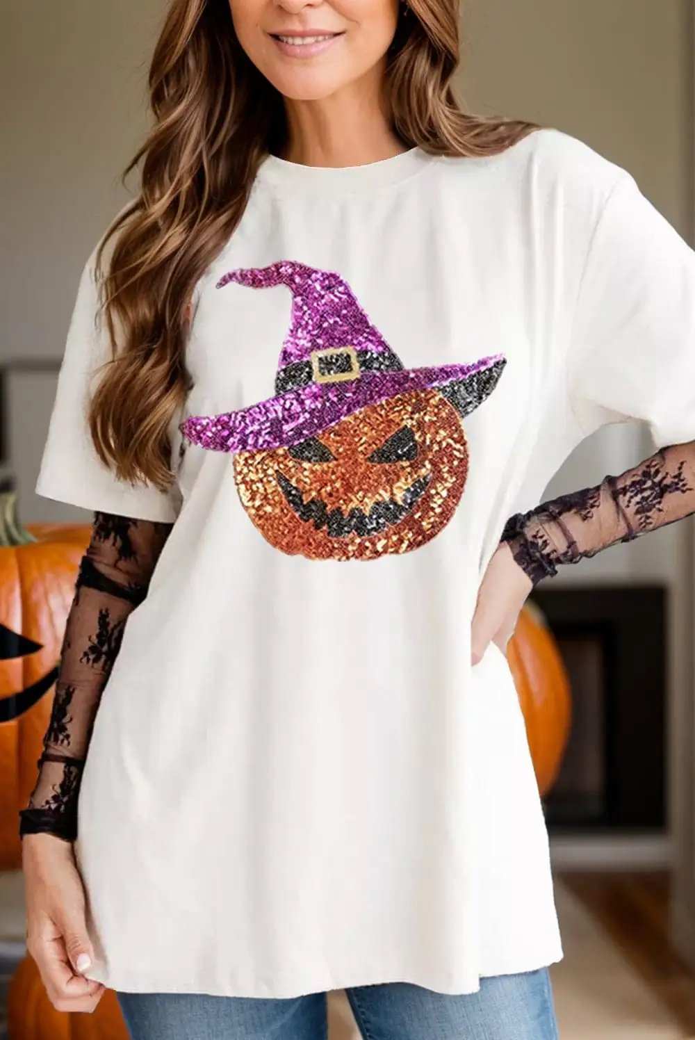 Sequin Pumpkin Round Neck Short Sleeve T-Shirt - Trendsi - Flyclothing LLC