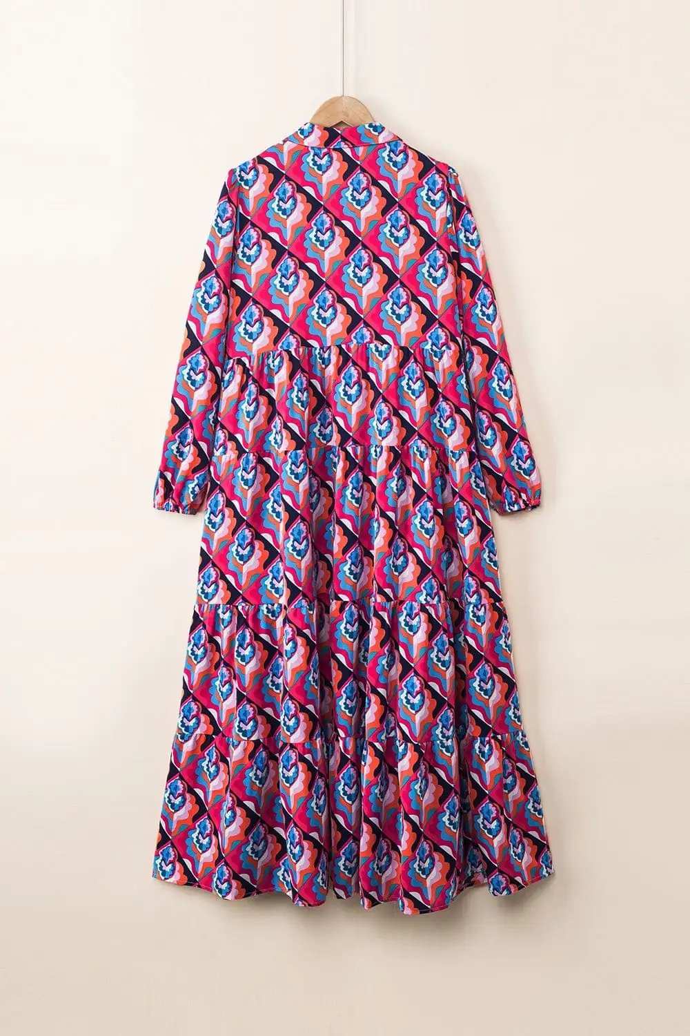 Printed Collared Neck Long Sleeve Midi Dress - Trendsi - Flyclothing LLC