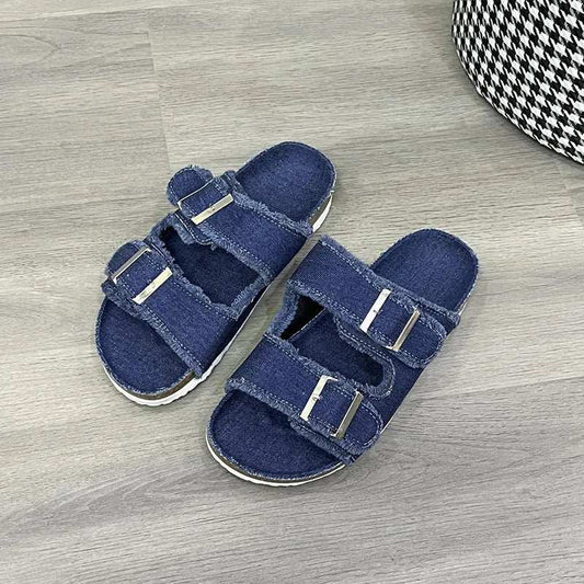 Raw Hem Open Toe Double Buckle Sandals - Trendsi - Flyclothing LLC