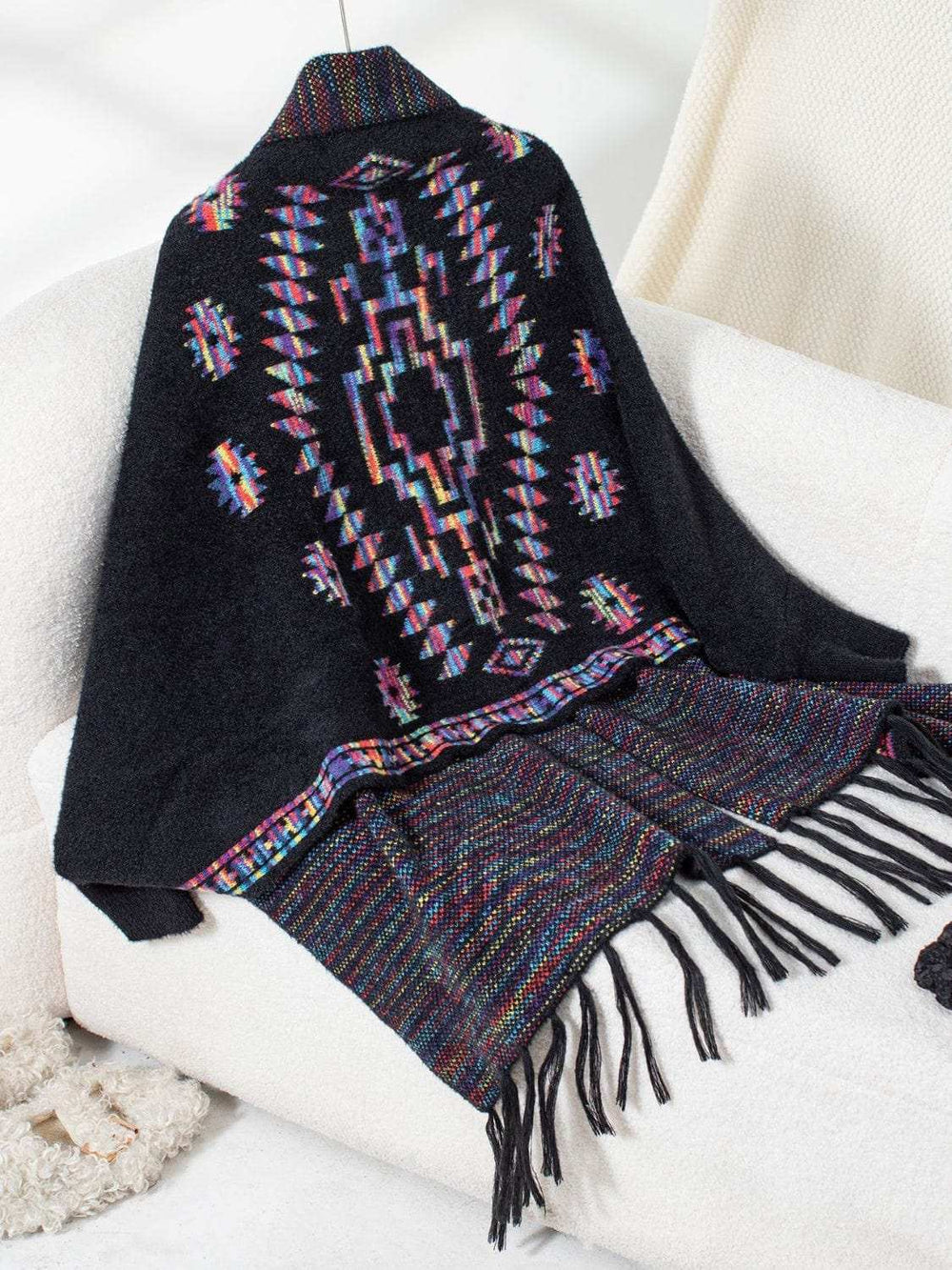 Fringe Geometric Open Front Long Sleeve Cape - Trendsi - Flyclothing LLC