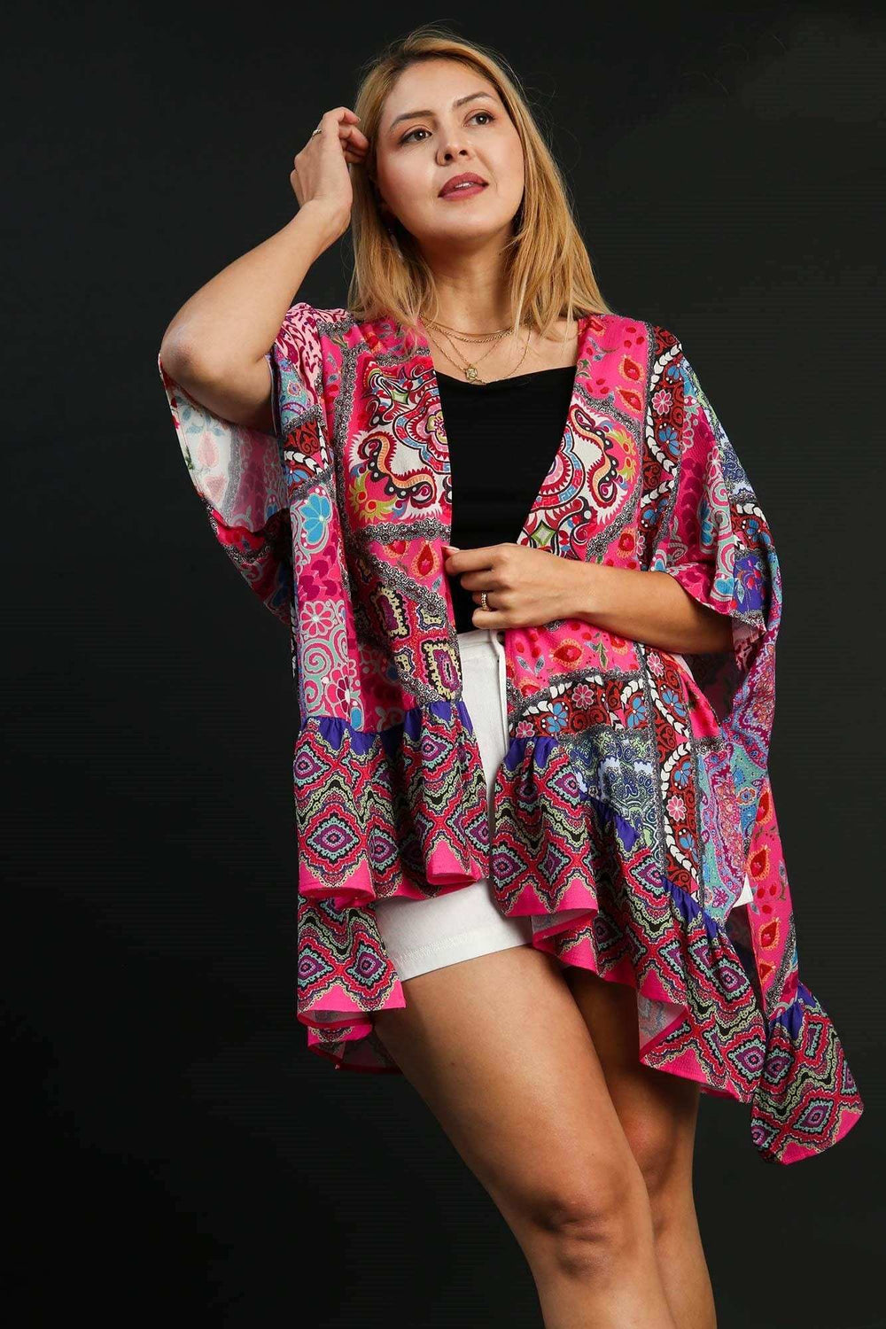 Umgee Full Size Mixed Print Ruffle Hem Open Front Cover Up Plus Size - Trendsi - Flyclothing LLC