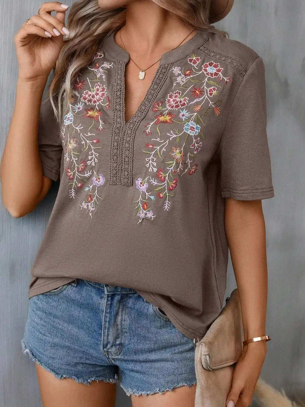 Embroidered Notched Short Sleeve T-Shirt - Trendsi - Flyclothing LLC