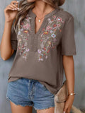 Embroidered Notched Short Sleeve T-Shirt - Trendsi - Flyclothing LLC