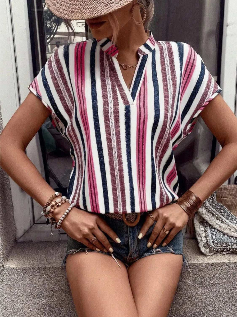 Striped Notched Short Sleeve Shirt - Trendsi - Flyclothing LLC