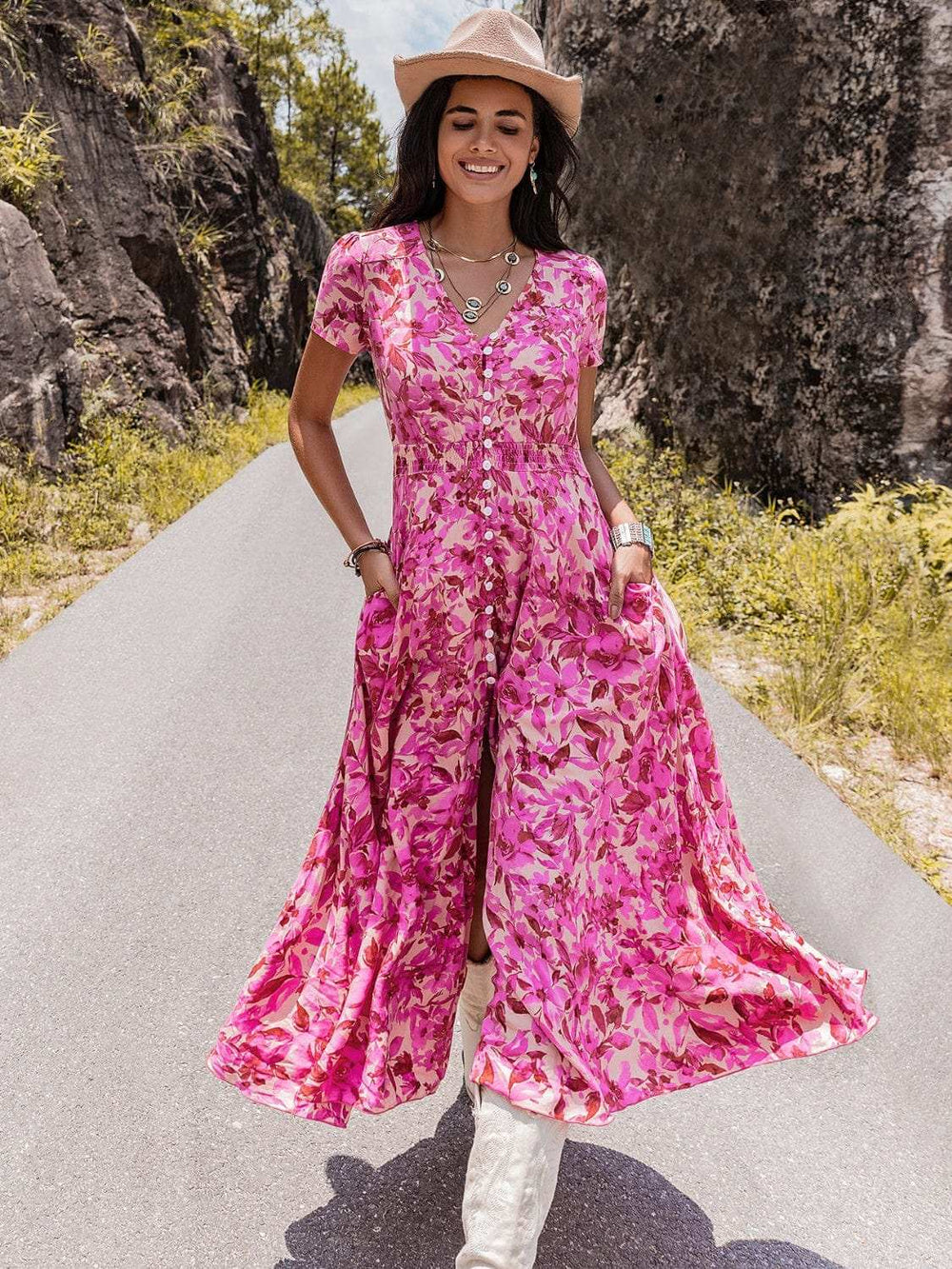 Floral V-Neck Slit Dress - Trendsi - Flyclothing LLC