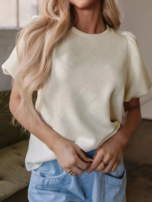 Textured Puff Sleeve T-Shirt - Trendsi - Flyclothing LLC