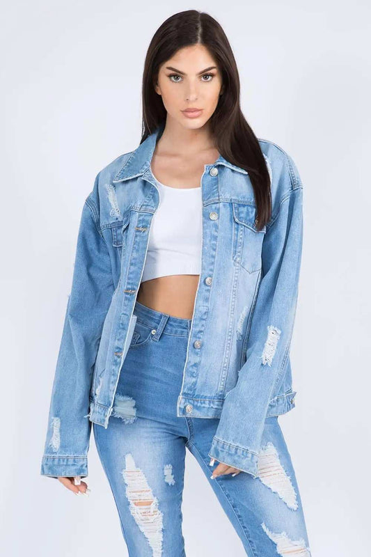 American Bazi Full Size Painted Back Distressed Denim Jacket - Trendsi - Flyclothing LLC