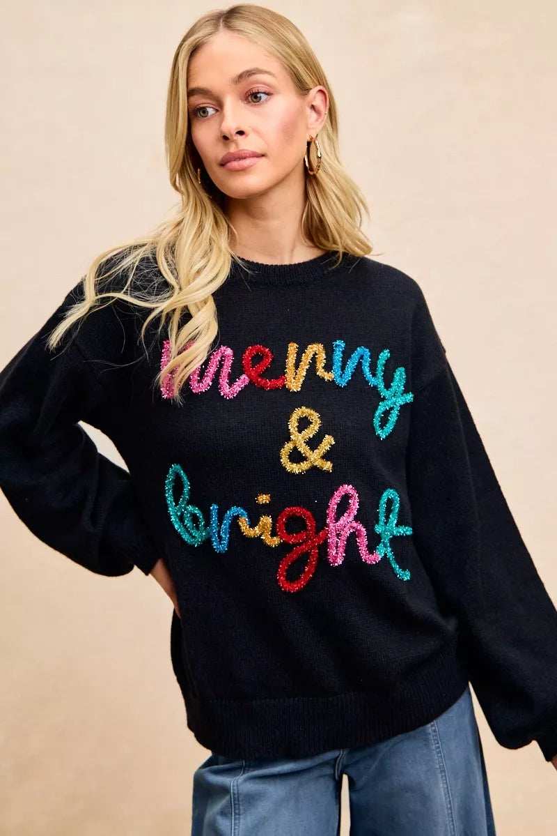 BiBi Tinsel Lettering Christmas Sweater - Trendsi - Flyclothing LLC