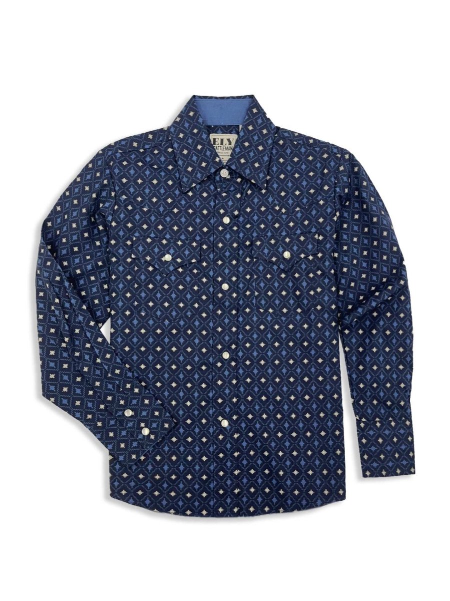 Boy's Ely Cattleman Long Sleeve Aztec Print Western Snap Shirt- Navy & White - Ely Cattleman - Flyclothing LLC