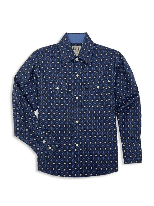 Boy's Ely Cattleman Long Sleeve Aztec Print Western Snap Shirt- Navy & White - Ely Cattleman - Flyclothing LLC