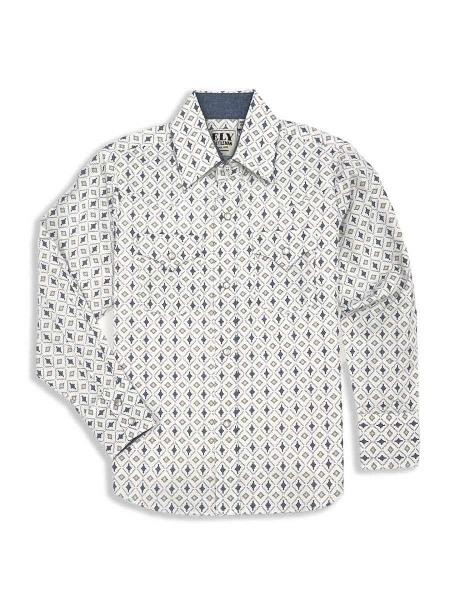 Boy's Ely Cattleman Long Sleeve Aztec Print Western Snap Shirt- Navy & White - Ely Cattleman - Flyclothing LLC