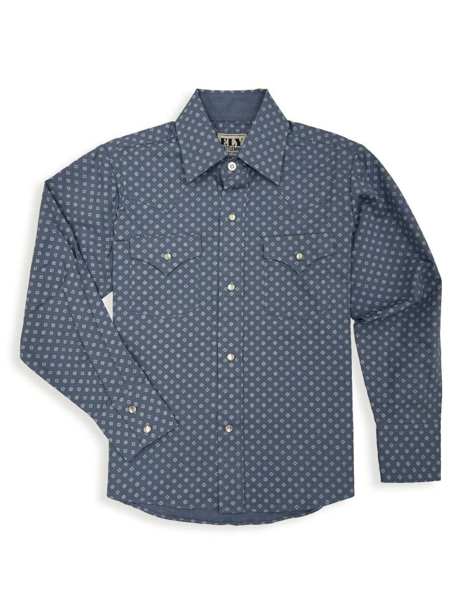 Boy's Ely Cattleman Long Sleeve Ditzy Print Western Snap Shirt- Black & Blue - Ely Cattleman - Flyclothing LLC
