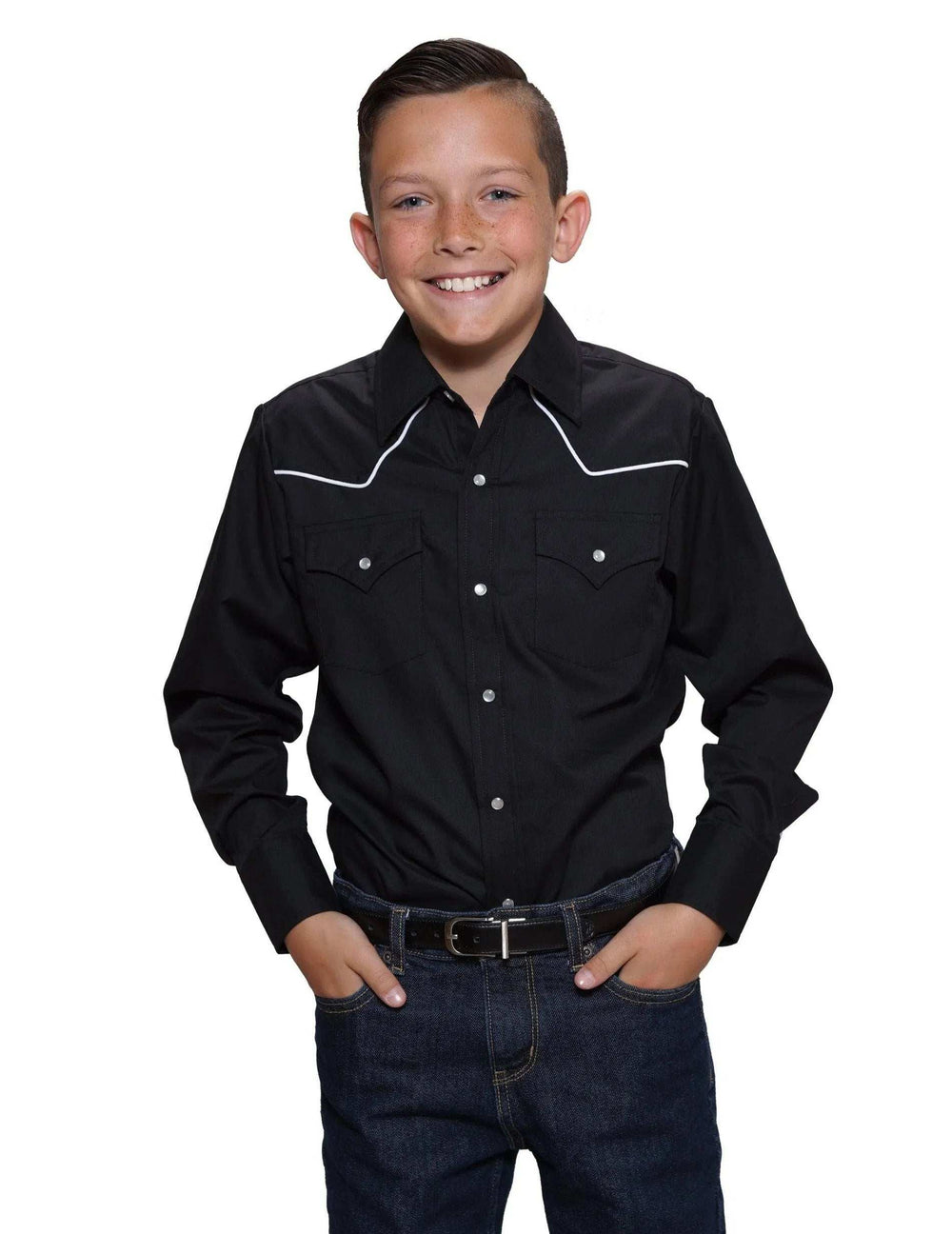 Ely Cattleman Boys L/S Black W/ White Piping - Ely Cattleman - Flyclothing LLC