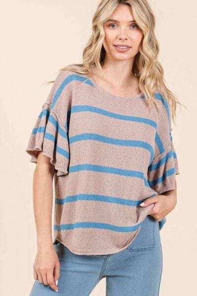 Mittoshop Striped Flounce Sleeve Knit Top - Trendsi - Flyclothing LLC