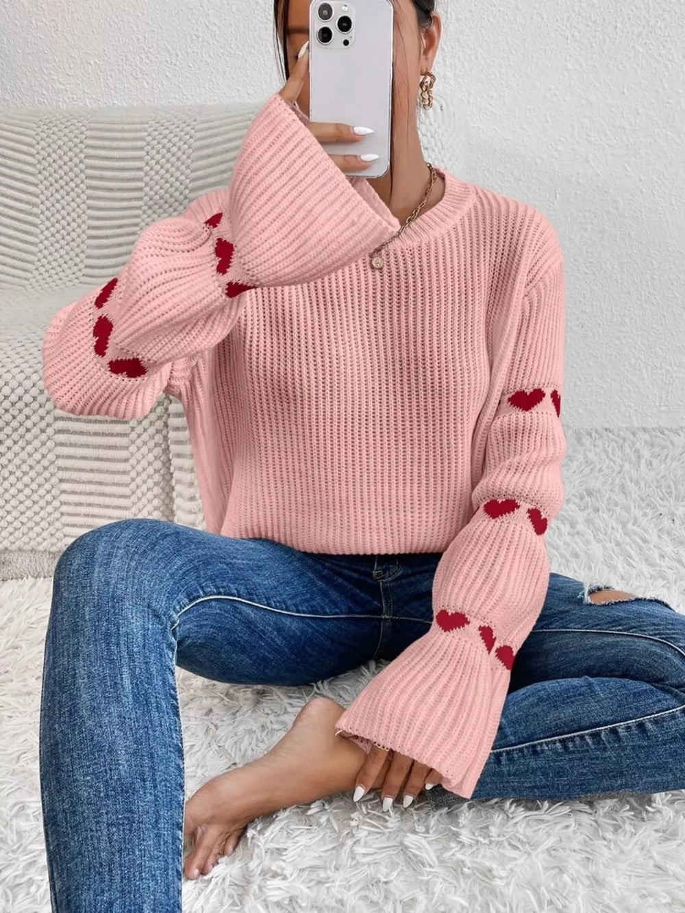 Heart Pattern Round Neck Sweater - Trendsi - Flyclothing LLC